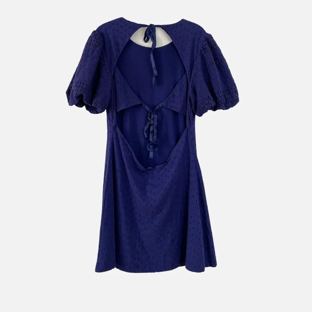 Free People Apricot Rose Puff Sleeve Eyelet Dress Living Indigo Size Medium NWT - Picture 9 of 10